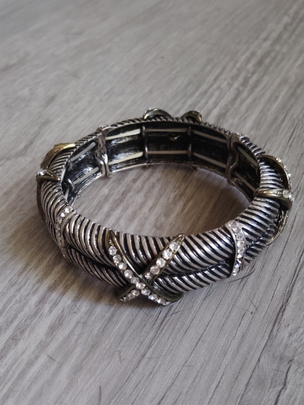 Rhodium-Tone Crystal Accent Ribbed Stretch Bracelet - Silver